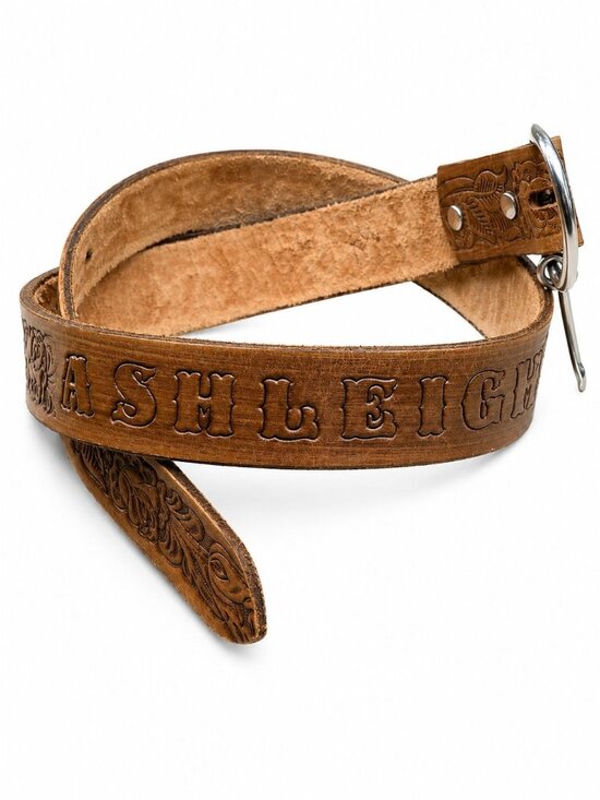 Unbranded Accessories - Hand Tooled Brown Leather Belt Western Rose Floral Marked "Ashleigh" Sz 34